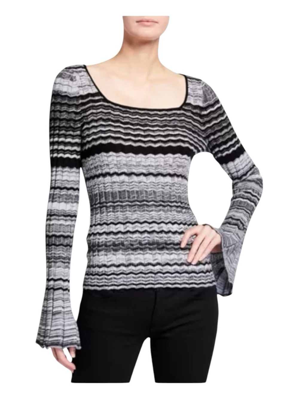 Ramy Brook Black & Gray Scoop-Neck Bell-Sleeve Knit Top Large